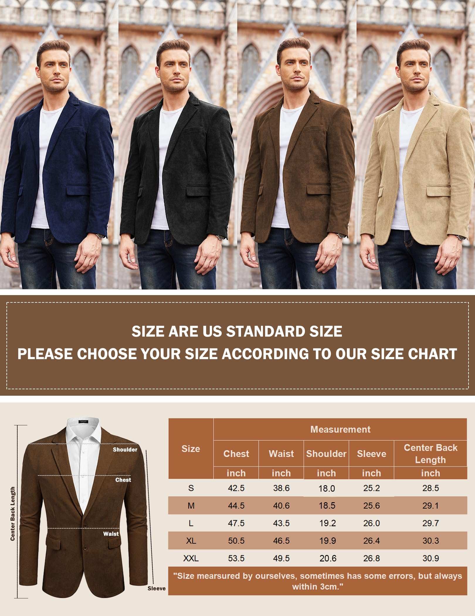 COOFADNY Men's Casual Corduroy Blazer Jacket - Classic Fit Two Button Sport Coat with Notch Lapel | Perfect for Office, Wedding & Business Casual Outfits