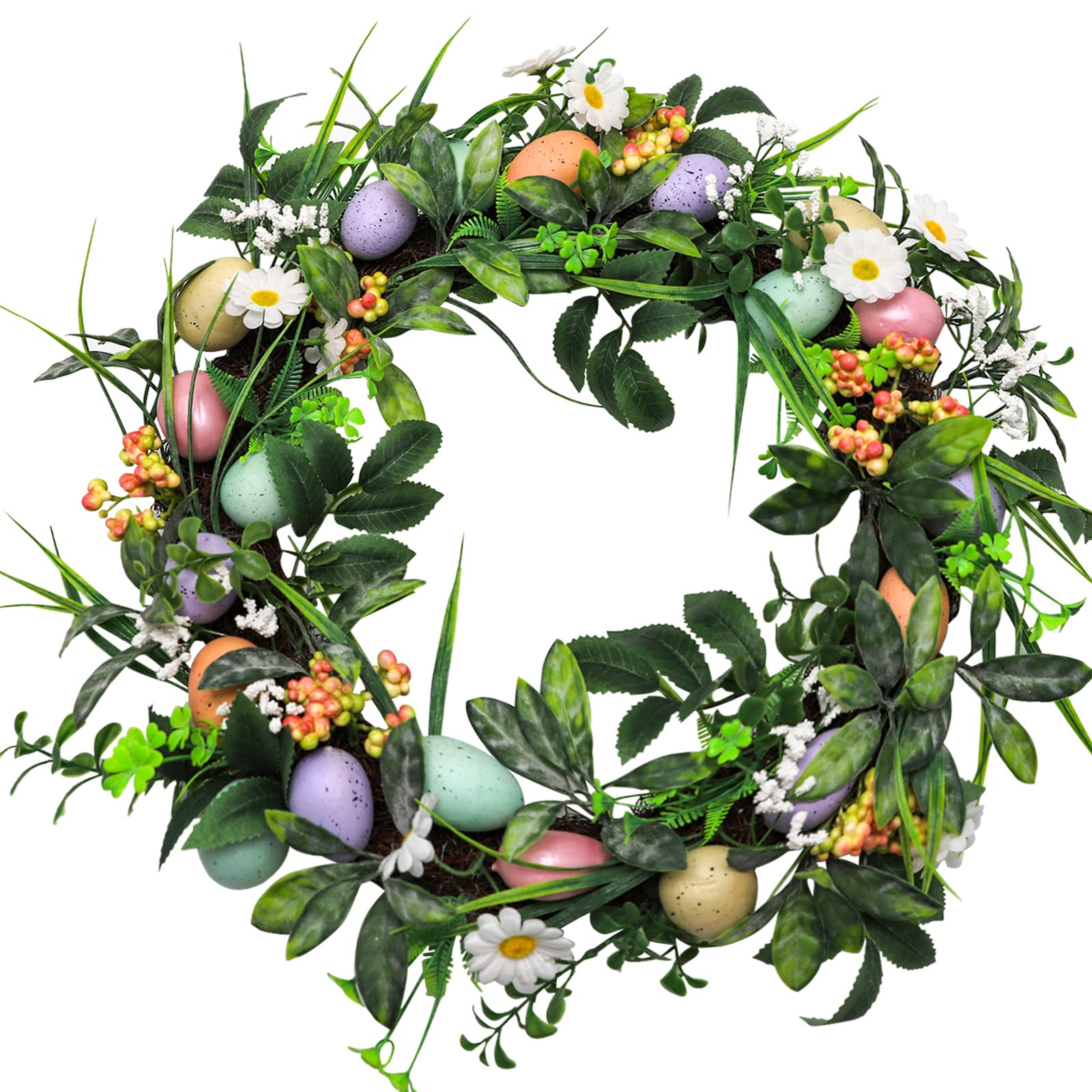 15.7 Inch Colorful Easter Egg Wreath with Flowers & Greenery - Rustic Spring Home Door Decor for Easter Celebrations & Holiday Front Porch Display