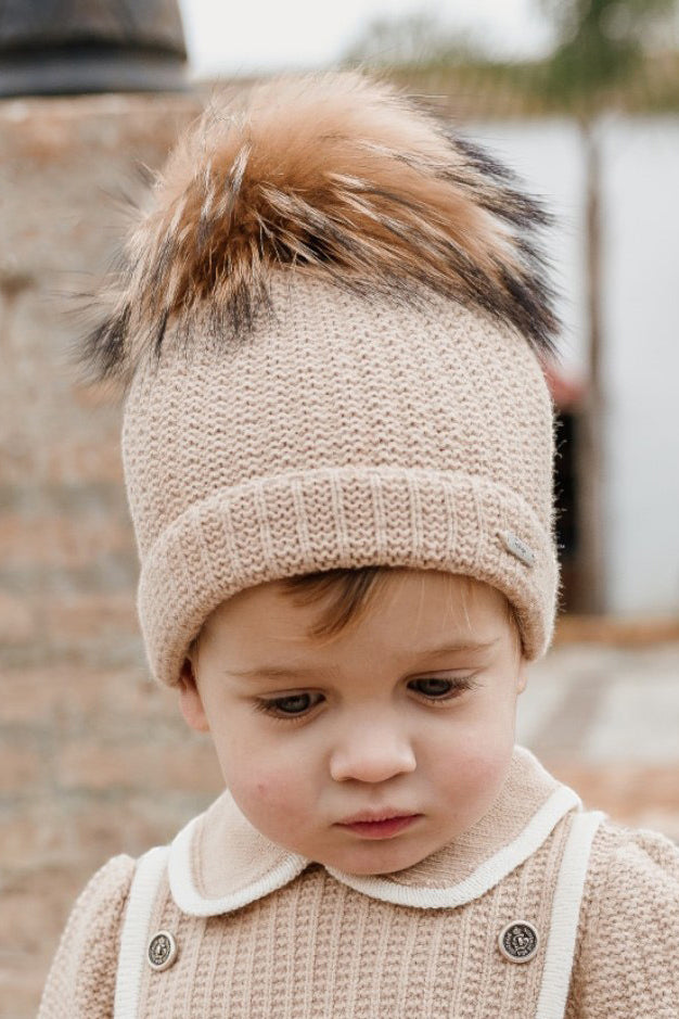 Cozy Camel Knit Faux Fur Pom Pom Winter Hat for Women - Soft Warm Beanie with Faux Fur Ball for Cold Weather, Outdoor Activities, and Fashion Accessories
