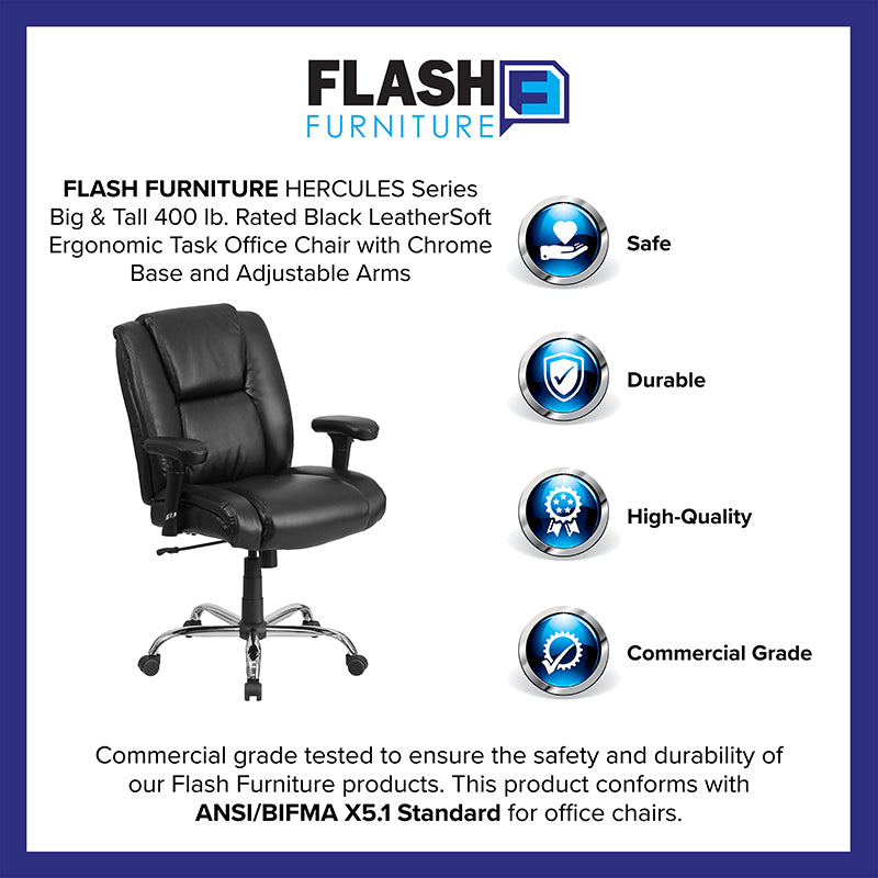 FLASH HERCULES Series 400 lb Capacity Big & Tall Ergonomic Office Chair - Black LeatherSoft Executive Chair with Adjustable Arms & Chrome Base - Perfect for Home Office, Gaming & Workspaces