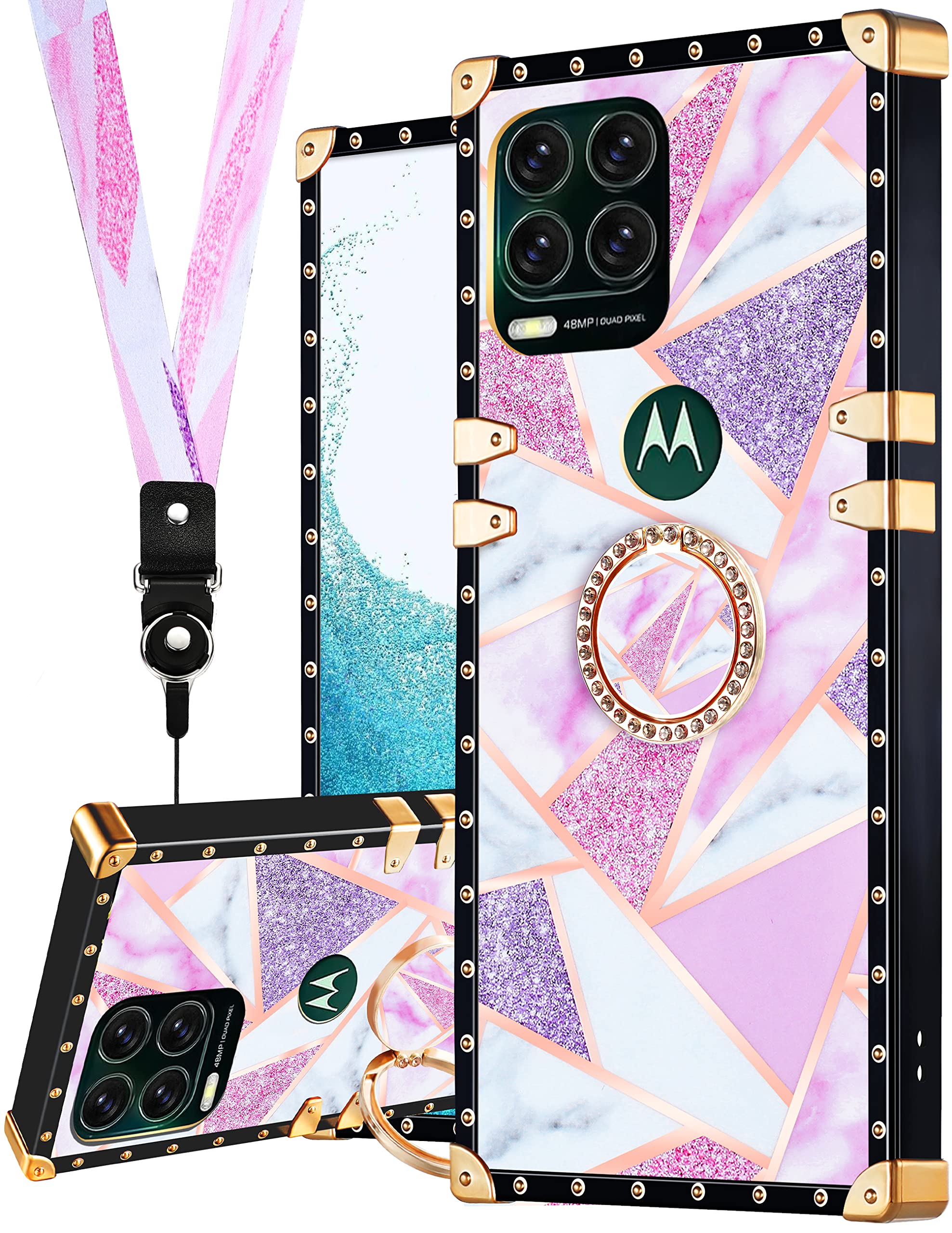 Luxury Marble Pink Phone Case for Moto G Stylus 5G (2021) - Elegant Square Edge Design with Ring Holder, Kickstand & Lanyard - Perfect for Women & Girls - Work, Travel & Daily Protection