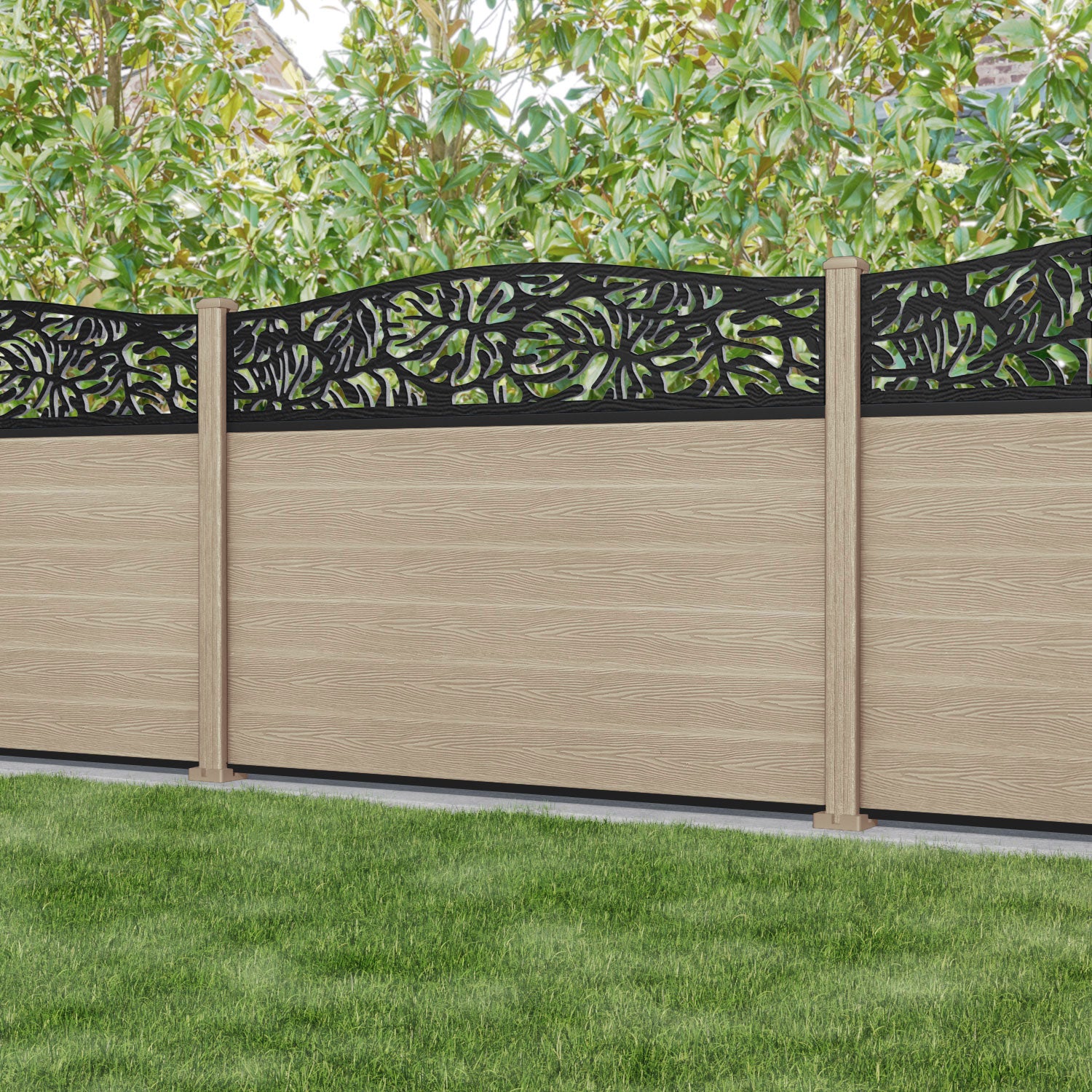 Classic Botanic Curved Top Fence Panel - Light Oak Composite Wood Privacy Fencing for Garden, Backyard, and Outdoor Decoration