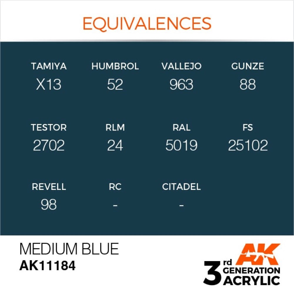 AK Interactive AK11184 Medium Blue Acrylic Paint - 17ml Bottle (3rd Generation) for Scale Model Building, Miniature Painting & DIY Crafts