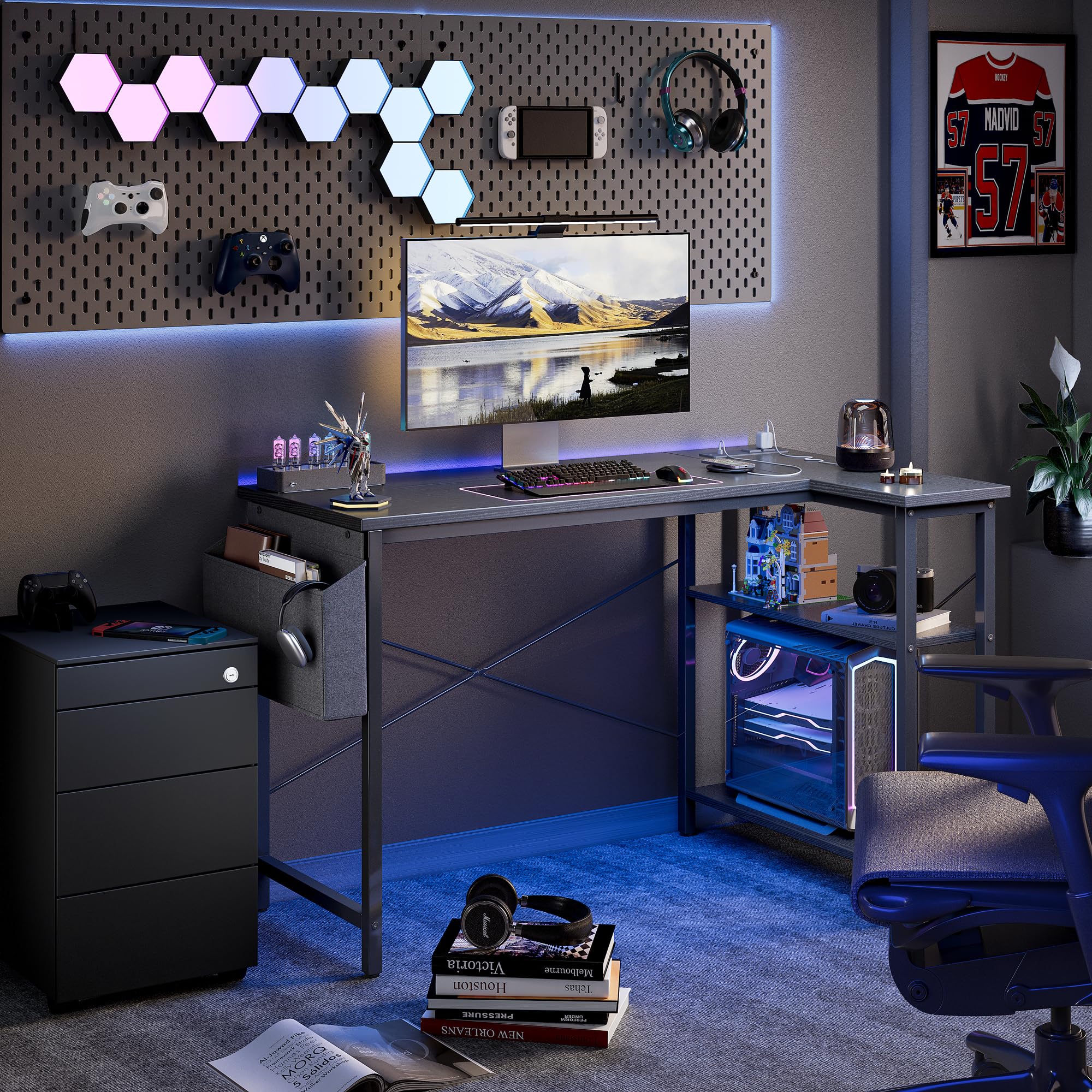 TIQLAB 40 Inch L-Shaped Computer Desk with Power Outlets & Reversible Shelves - Compact Corner Gaming Desk, Home Office Workstation, Study Writing Table for Bedroom & Living Room (Black) - Perfect for Small Spaces & Multi-Functional Workspaces