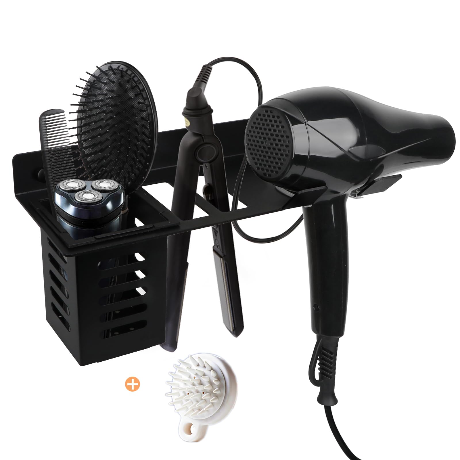 Wall Mounted Blow Dryer Holder - Black Metal Hair Tool Organizer for Hair Dryer & Straightener with Comb | Perfect for Bathroom Storage & Salon Organization