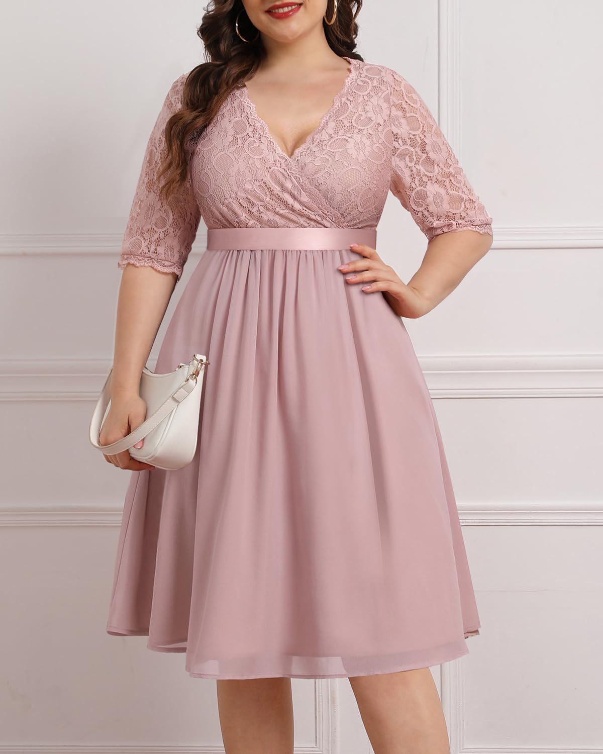 Plus Size Lace Chiffon Wrap V-Neck Midi Dress for Women | Elegant Cocktail & Wedding Guest Dress | Perfect for Parties, Date Nights & Special Occasions