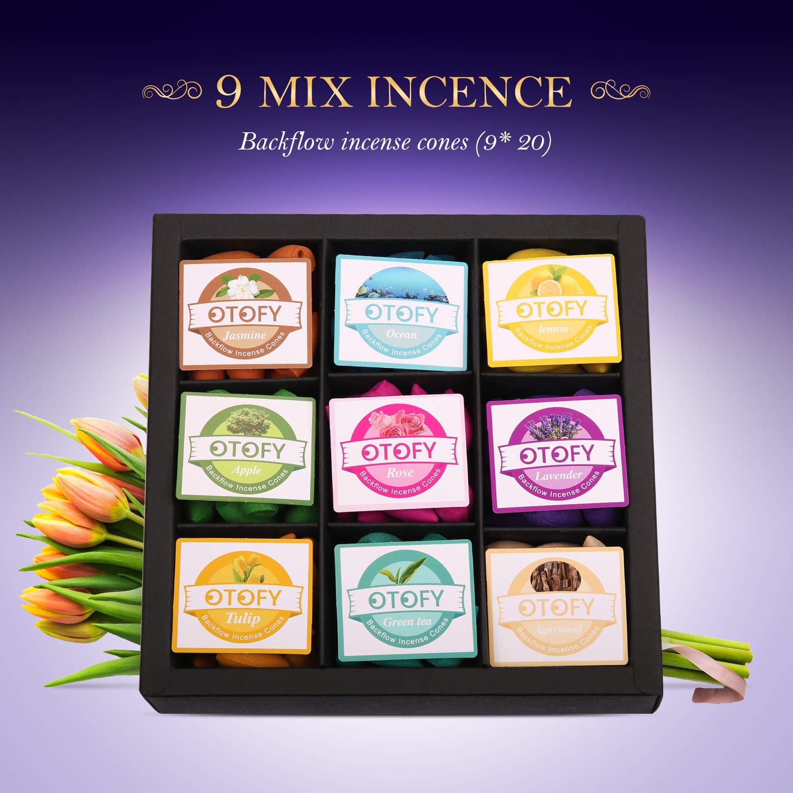 OTOFY 180 Pcs Natural Backflow Incense Cones - Handmade Rose, Tulip, Jasmine & Lavender Scented Waterfall Incense for Meditation, Yoga, Aromatherapy | Perfect for Relaxation, Spa & Home Decor (Black & White)