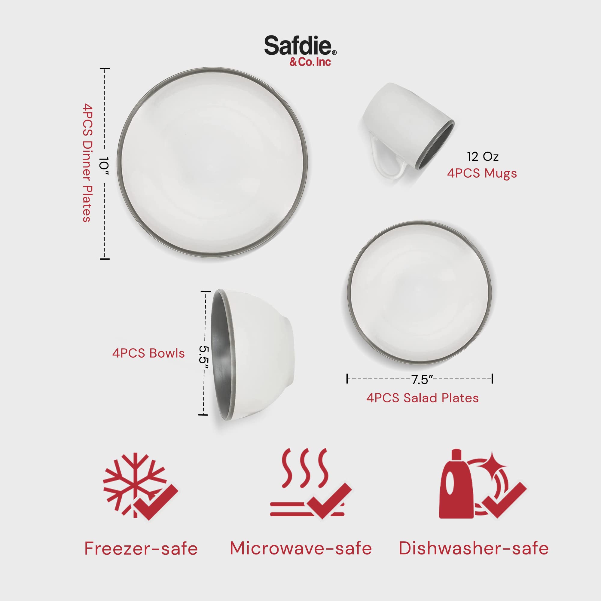 Safdie & Co. - 16-Piece Modern Stoneware Dinnerware Set, Luna Tone Plates & Bowls for Indoor/Outdoor Use, Dishwasher Safe White & Grey - Perfect for Family Dinners, Entertaining Guests, and Outdoor Dining
