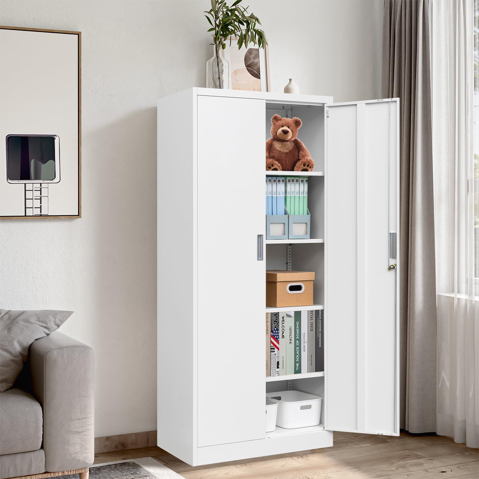 Heavy Duty Metal Storage Cabinet with Lock - 2 Lockable Doors & 4 Adjustable Shelves, White Garage Storage Organizer for Office, Home, Gym, School - Perfect for Storing Tools, Supplies & Equipment