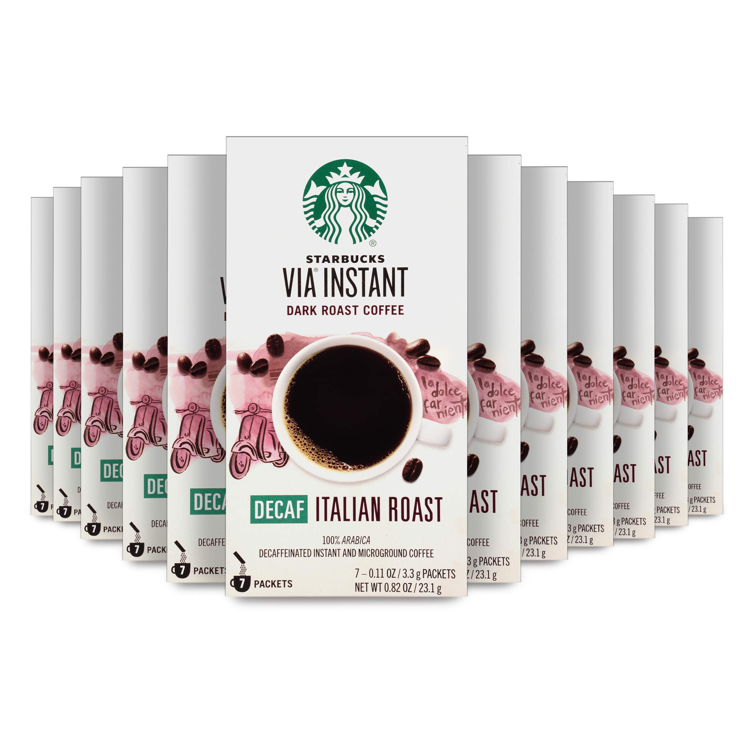 Starbucks VIA Instant Decaf Italian Dark Roast Coffee Packets - 12 Boxes (84 Packets) - Perfect for Travel, Office & Home Brewing