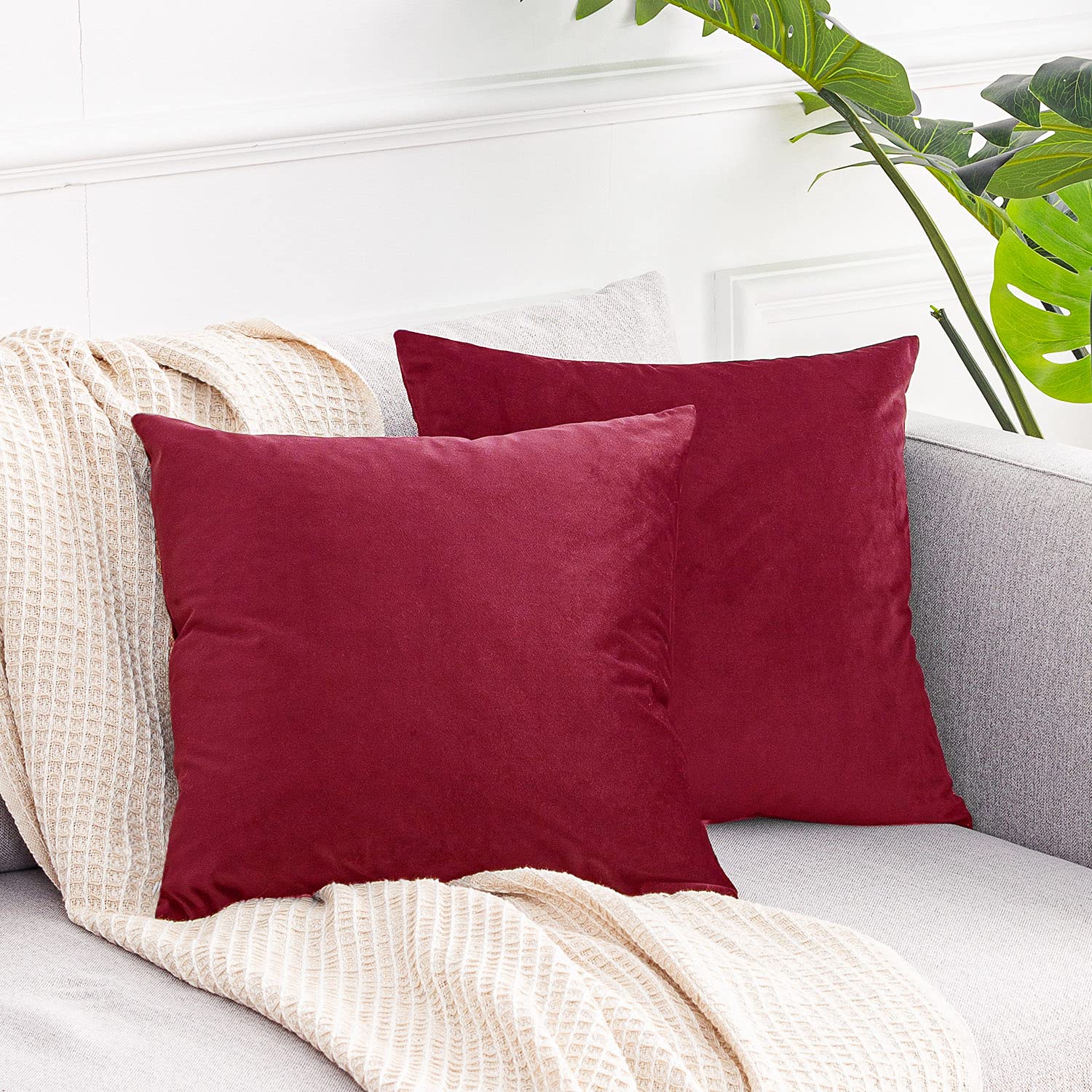RECYCO Velvet Throw Pillow Covers Set of 2 - 18x18 Inch Square Decorative Sofa Pillows for Living Room, Bedroom & Couch - Soft Home Decor Accent Pillows (Red) | Perfect for Cozy Home Styling and Gift Giving