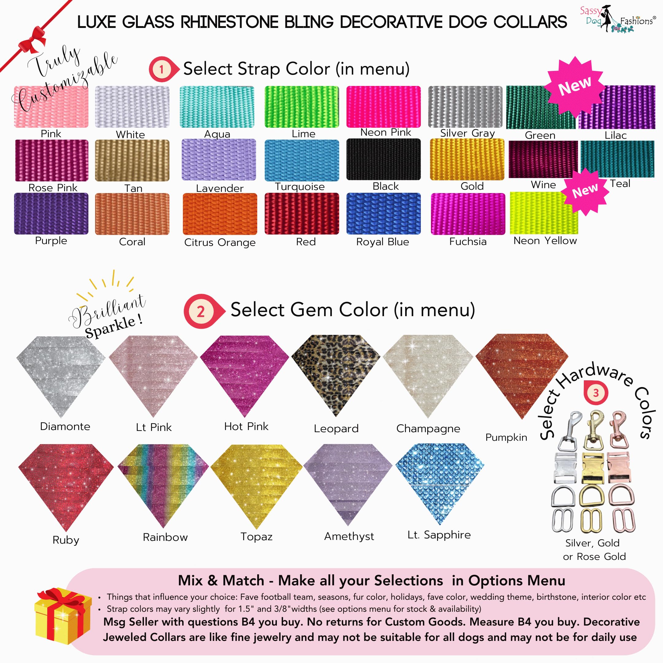 Handmade Rhinestone Dog Collar - Sparkling Crystal Diamond Pet Collar for Small, Medium, Large & Giant Dogs | 1000+ Color Options | 1