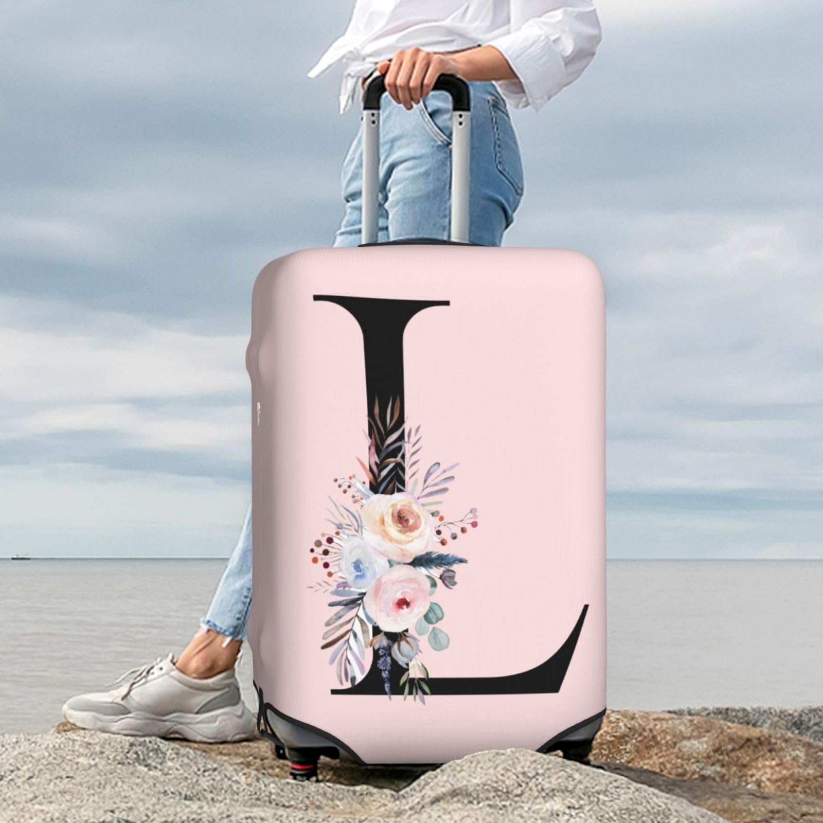 Spandex Travel Luggage Cover - Cute Pink Suitcase Protector with Black Letter L & Boho Floral Design | Anti-Scratch, Dust-Proof, Washable Suitcase Sleeve for Kids & Adults | XL (Fits 29-32 Inch Luggage) | Perfect for Air Travel, Vacation & Storage Protection