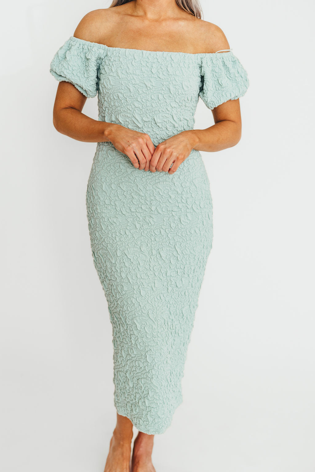 Blakeley Textured Midi Dress - Seafoam Green Bump Friendly Maternity Dress for Women | Perfect for Baby Showers, Maternity Photos & Everyday Wear