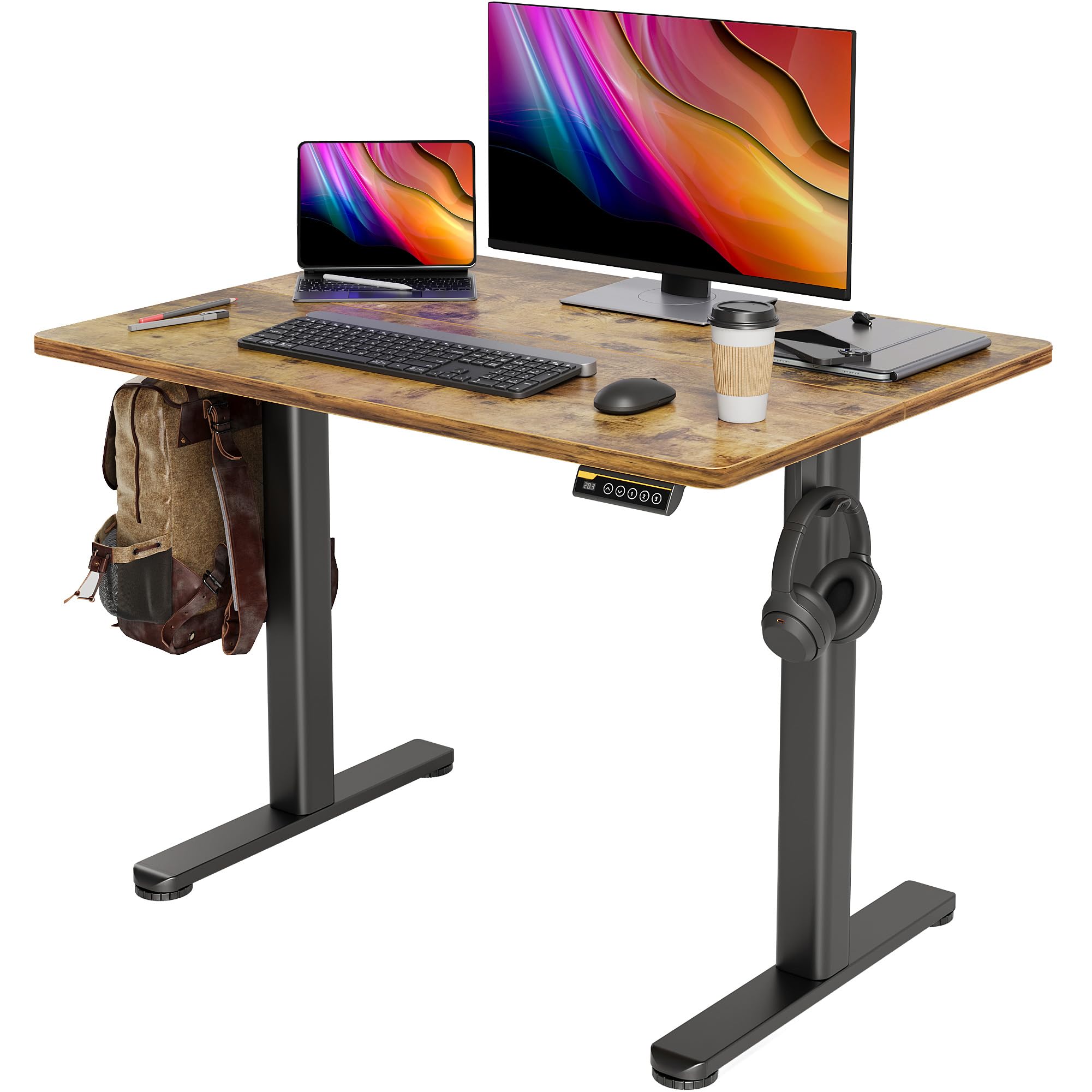 Seang Electric Standing Desk - 40x24 Inch Adjustable Height Sit Stand Desk with 3 Memory Presets, Splice Board & Rustic Brown Top for Home Office, Computer Workstation | Ergonomic Standing Desk for Work from Home, Gaming & Study (Black Frame)