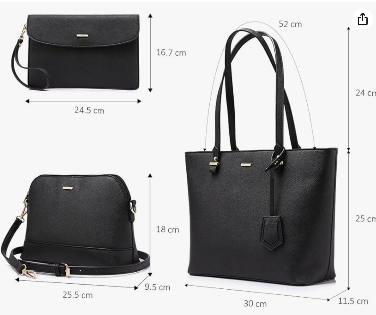 Premium Synthetic Leather Shoulder Bag, Crossbody Bag & Wristlet Wallet Set (3-Piece, Pure Black) - Stylish Zipper Bags for Women, Work, Travel & Everyday Use