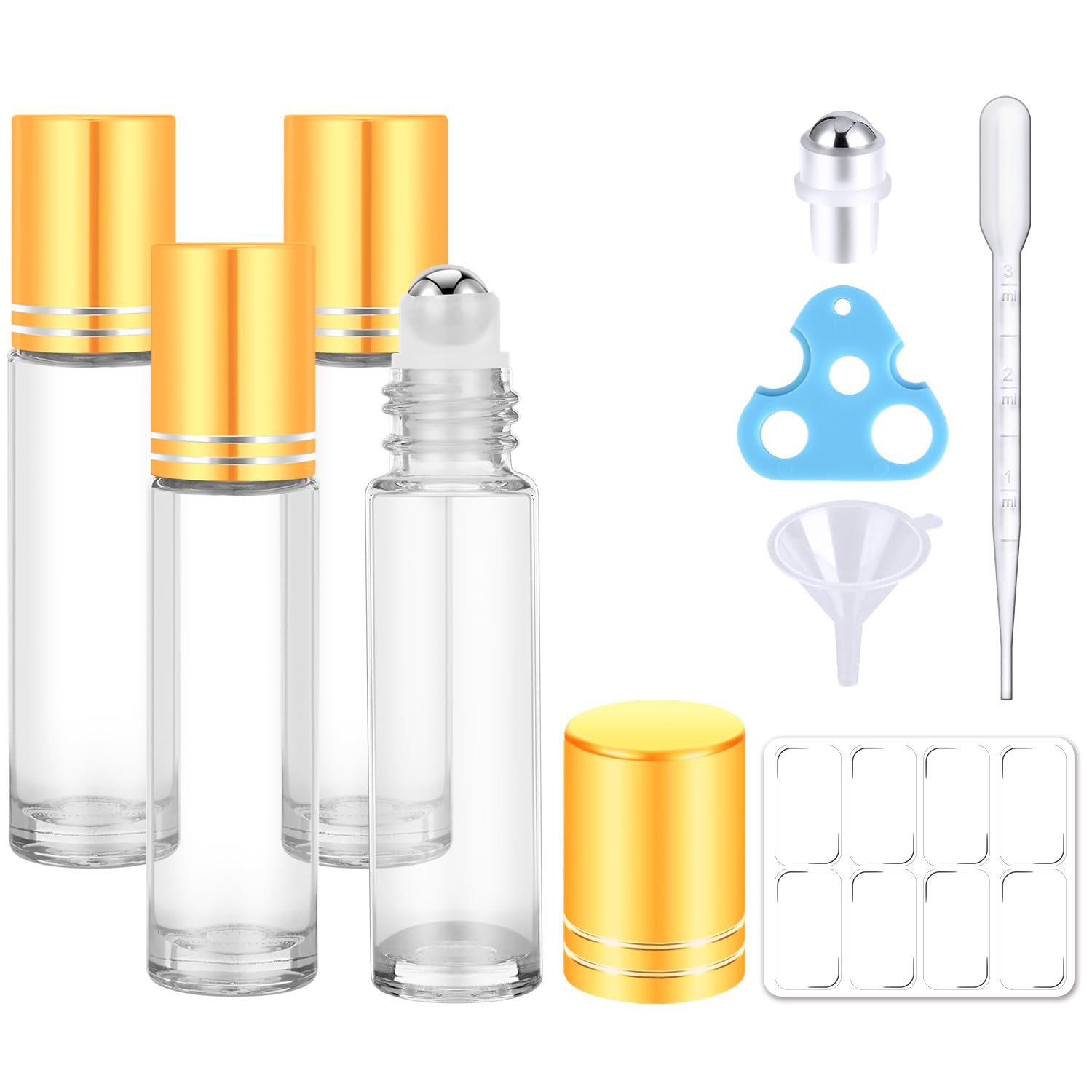 10ml Clear Glass Essential Oil Roller Bottles - Refillable Roll On Bottles with Gold Caps for Travel, 4 Pack Empty Rollerball Bottles for Essential Oils & Perfume - Perfect for DIY Aromatherapy, On-the-Go Use & Gift Packaging