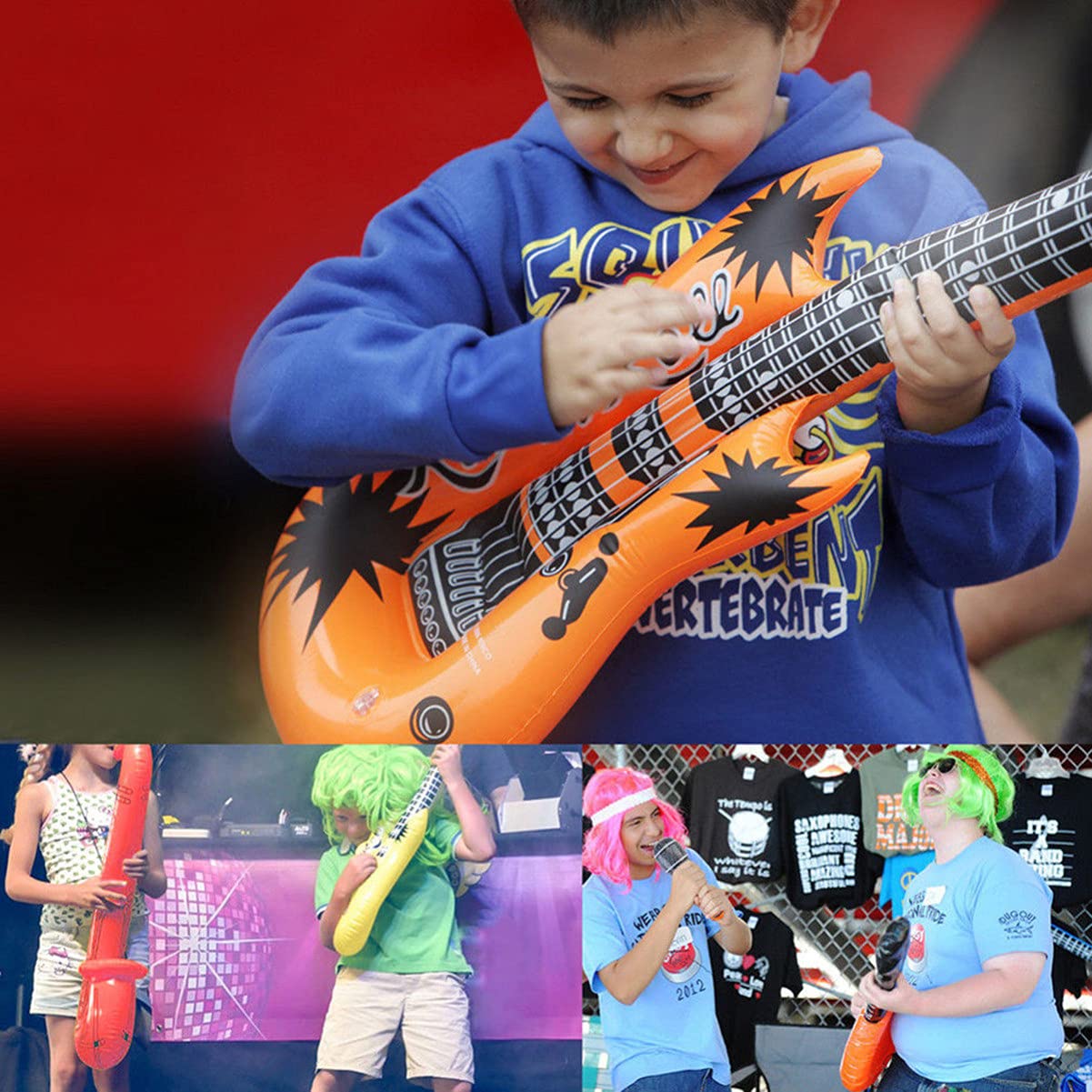 Jojofuny 6-Piece Inflatable Guitar Set - Waterproof Rock Musical Toy Instrument, 36-Inch Themed Decor for Kids | Perfect for Birthday Parties, Pool Floats, and Music-Themed Events