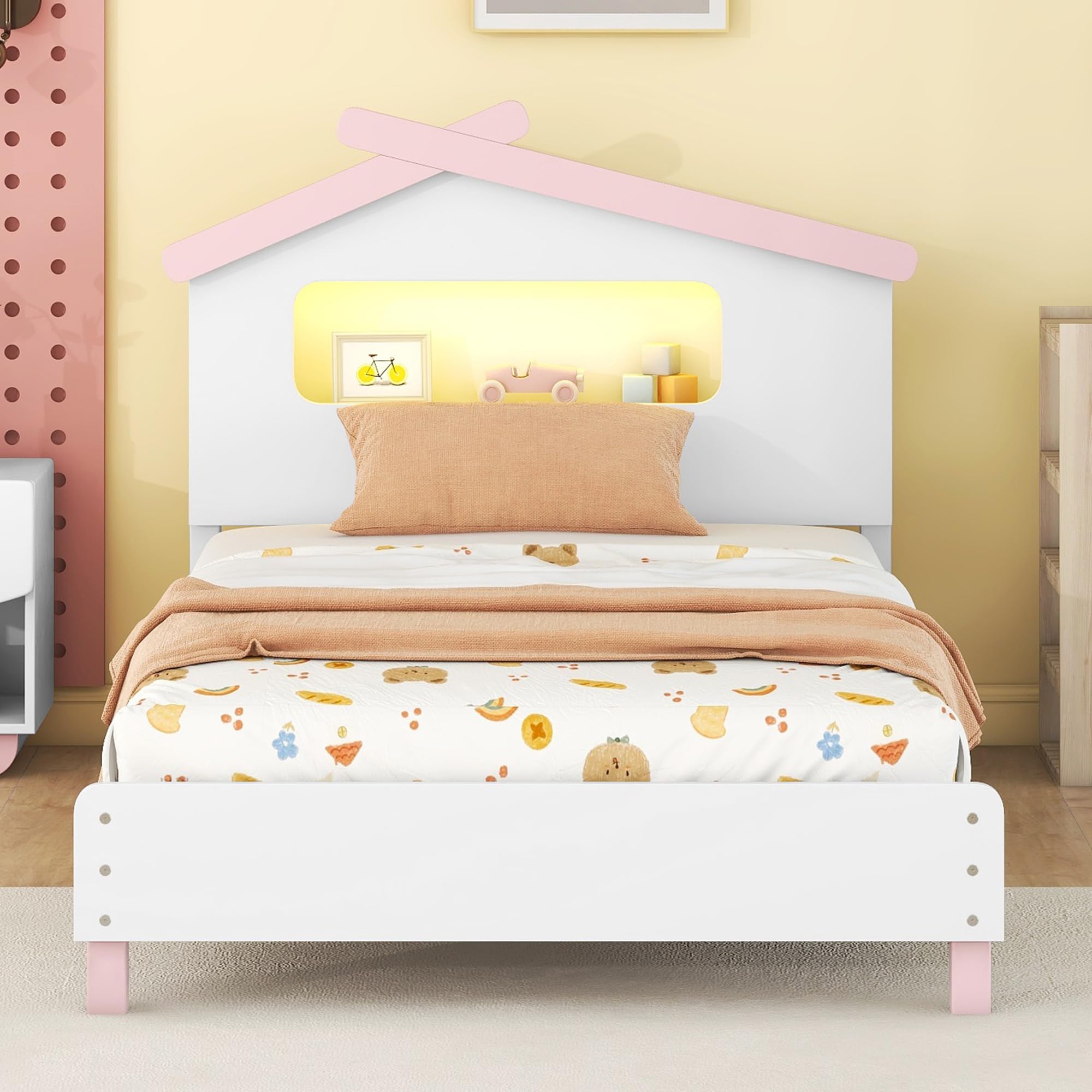 Harper & Bright Designs Twin Bed Frame with House-Shaped Headboard - Wooden Kids Platform Bed with Motion-Activated Night Lights - Cute Single Bed for Girls & Boys (White & Pink) - Perfect for Kids' Bedrooms, Playrooms & Cozy Sleep Spaces