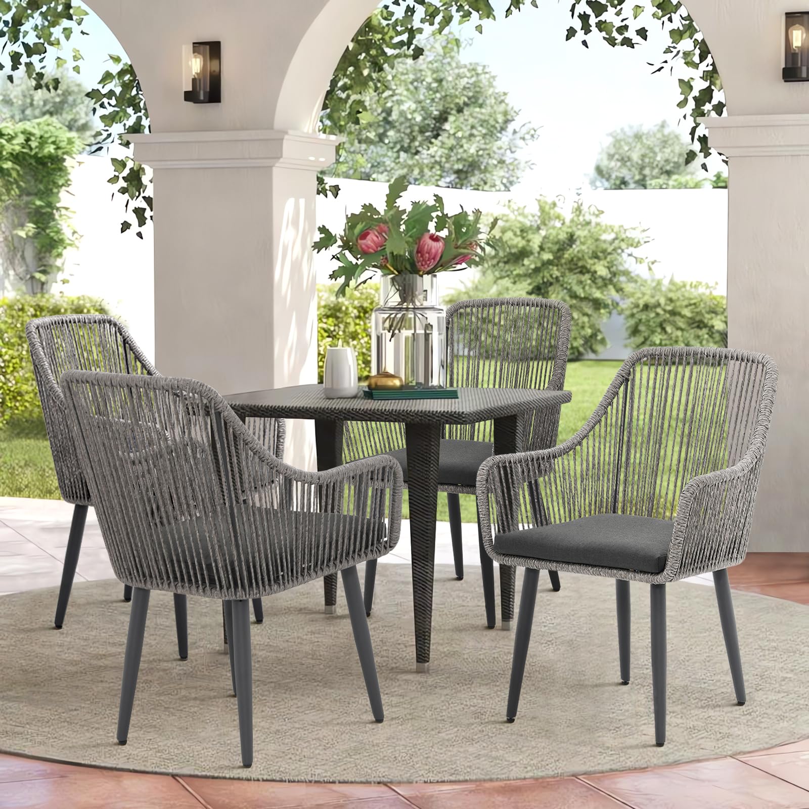 JOIVI 4-Piece Outdoor Patio Dining Chairs Set - Woven Rattan Wicker Chairs with Armrests & Cushions, Sturdy Iron Frame - Perfect for Garden, Backyard, Lawn, Poolside, Restaurant, or Indoor Dining Use