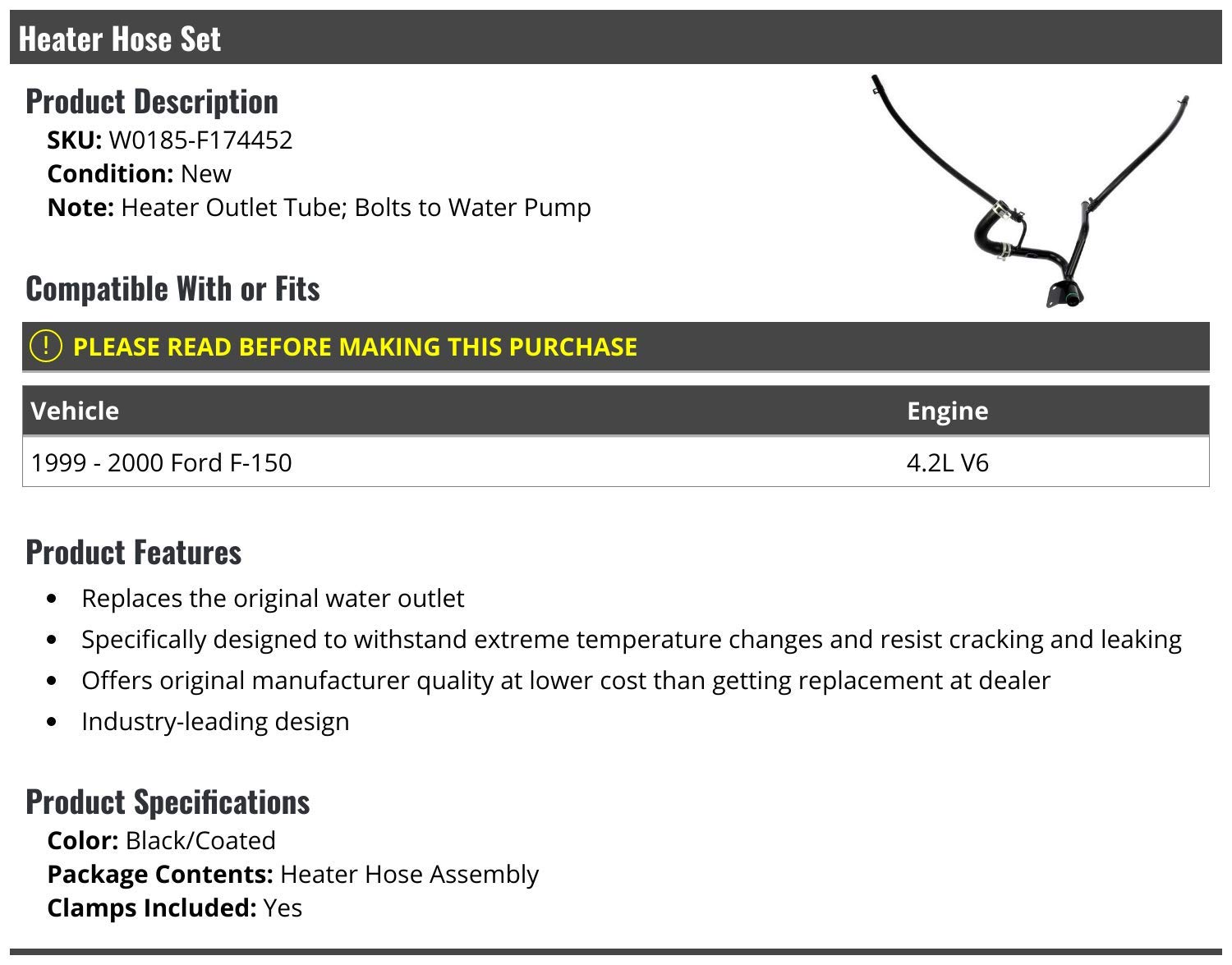 1999-2000 Ford F-150 4.2L V6 Heater Hose Replacement Kit - Durable Engine Cooling System Part for Winter Driving & Engine Maintenance