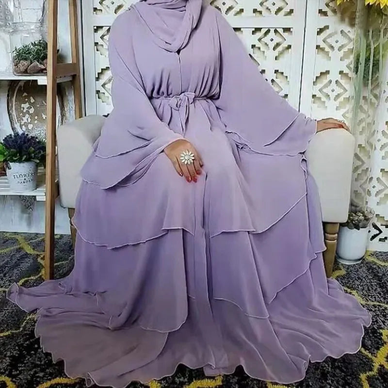 Elegant 3-Layer Chiffon Open Abaya Dress with Matching Hijab for Muslim Women - Perfect for Prayer, Modest Fashion & Special Occasions