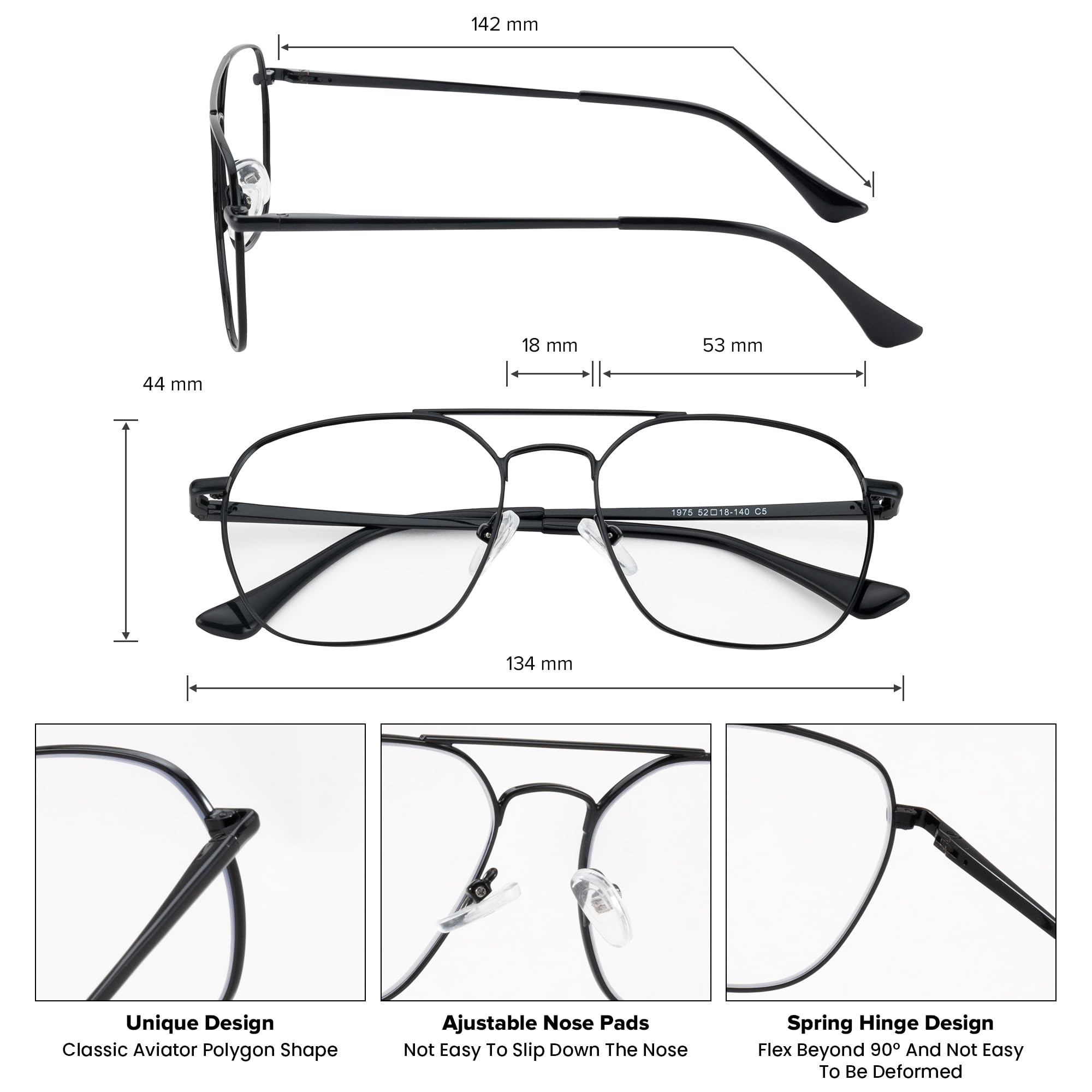 GUDVUE Blue Light Blocking Glasses for Women & Men - Anti Glare, UV400 Protection, Reduce Eye Strain - Aviator Polygon Black Frame for Computer, Gaming, TV & Phone Use - Perfect for Office, Gaming & Digital Screen Time