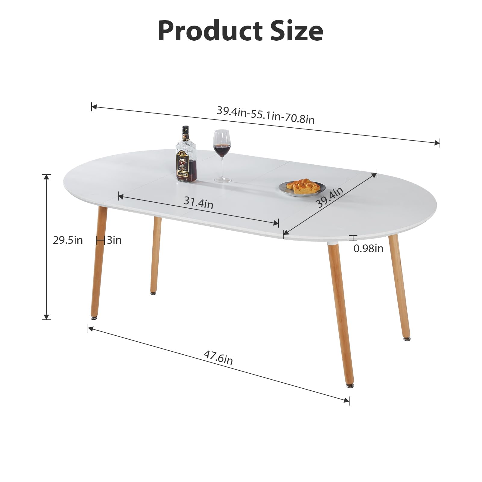 Modern Oval Extendable Dining Table for 4-8 People - Solid Wood & Metal Frame with MDF Tabletop (40
