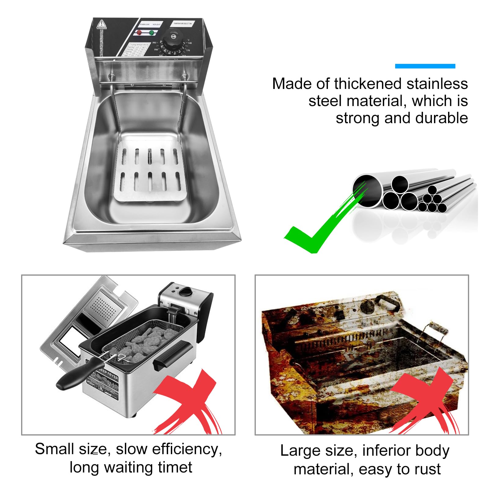 10.36 QT Commercial Electric Deep Fryer with Adjustable Temperature Control, Removable Basket & Stainless Steel Body - Perfect for Restaurants, Food Trucks & Home Kitchens (Silver)
