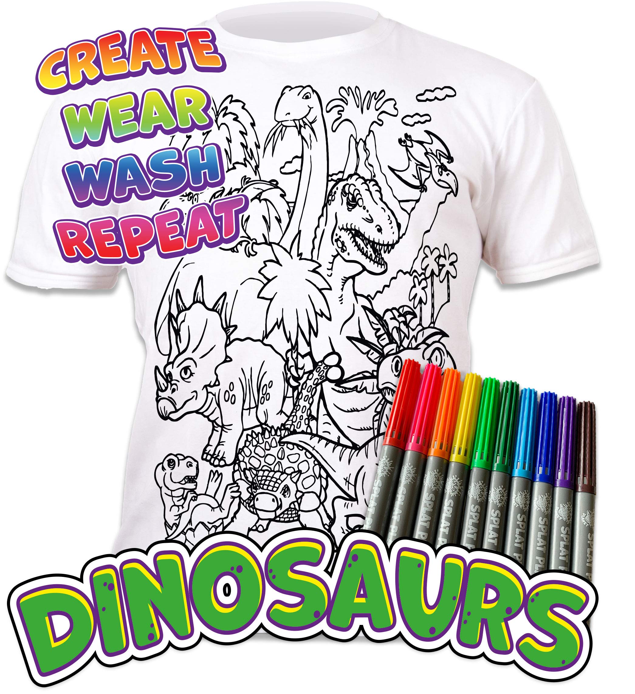 Dinosaur T-Rex Coloring T-Shirt with 10 Non-Toxic Washable Magic Pens - Reusable Kids Art Activity (Ages 3-4) - Perfect for Birthday Gifts, Creative Play & Preschool Learning