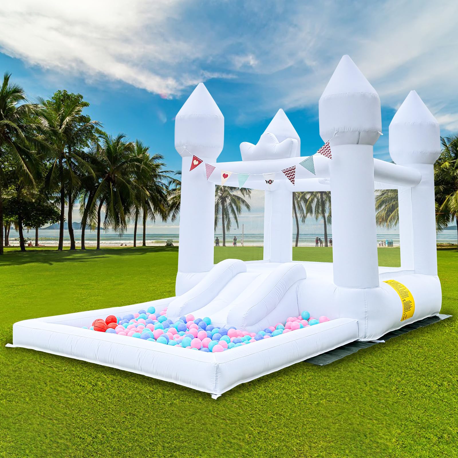 12.5FT Inflatable White Bounce House with Slide - Large Bouncy Castle for Kids & Adults | Outdoor Birthday Party, Wedding Decorations | Includes Blower (Great for Backyard, Park, and Carnival Events)