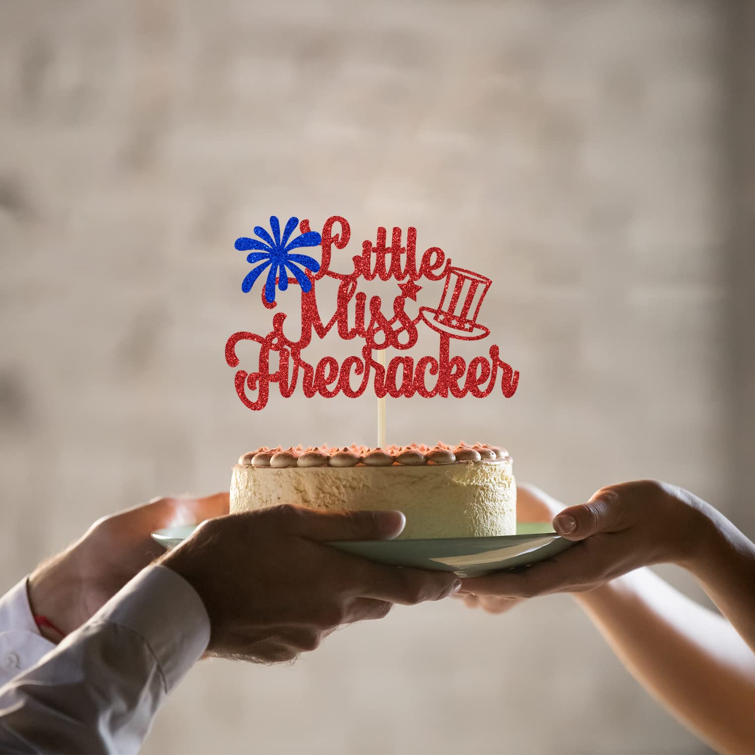 Little Miss Firecracker Cake Topper - Patriotic 4th of July & 1st Birthday Cake Decorations - Red and Blue Glitter Party Supplies for Independence Day, Baby Showers & Gender Reveals