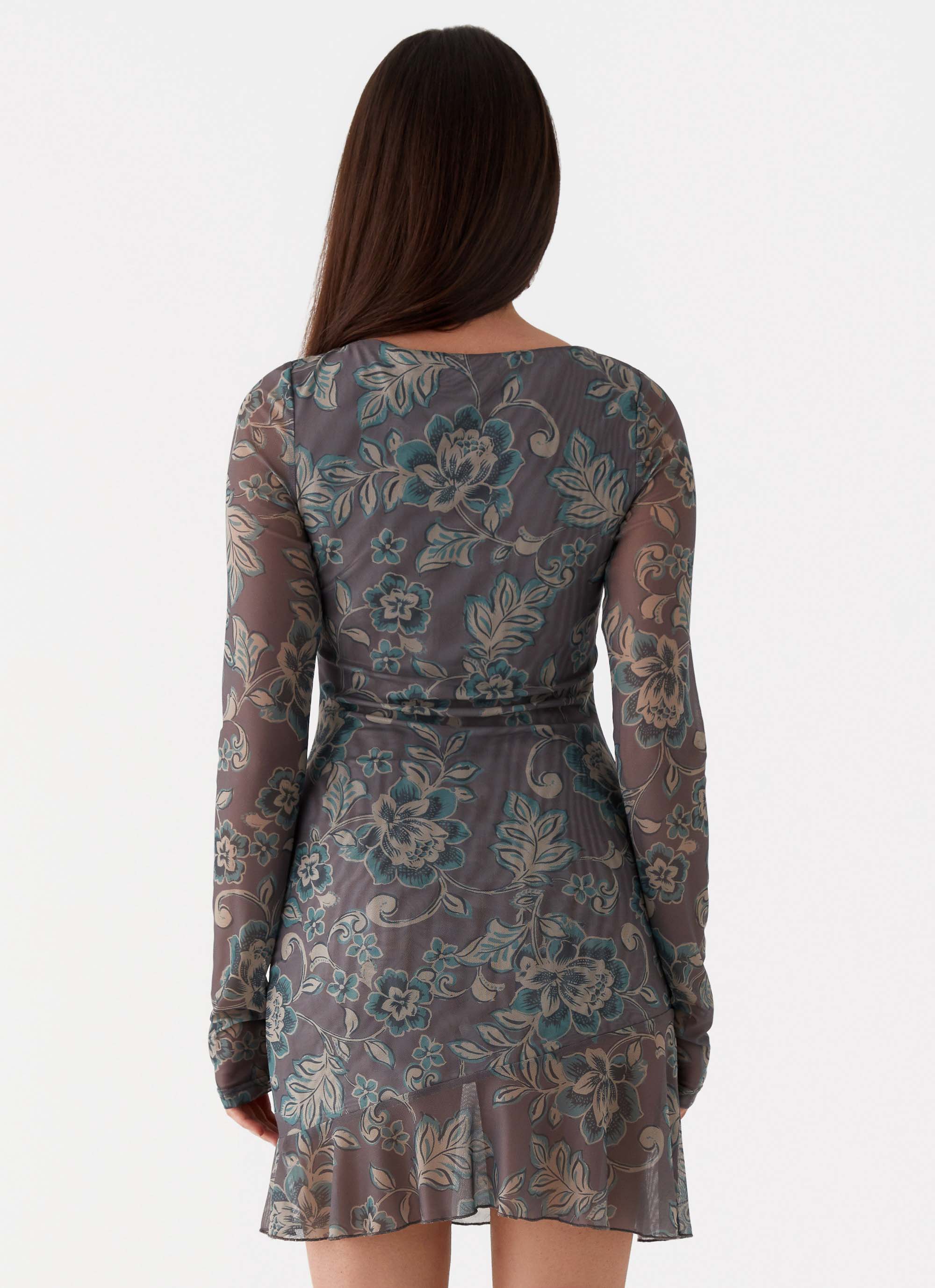 Elegant Ines Long Sleeve Mini Dress - Brown Floral Print Women's Party Dress for Cocktail, Wedding & Date Night