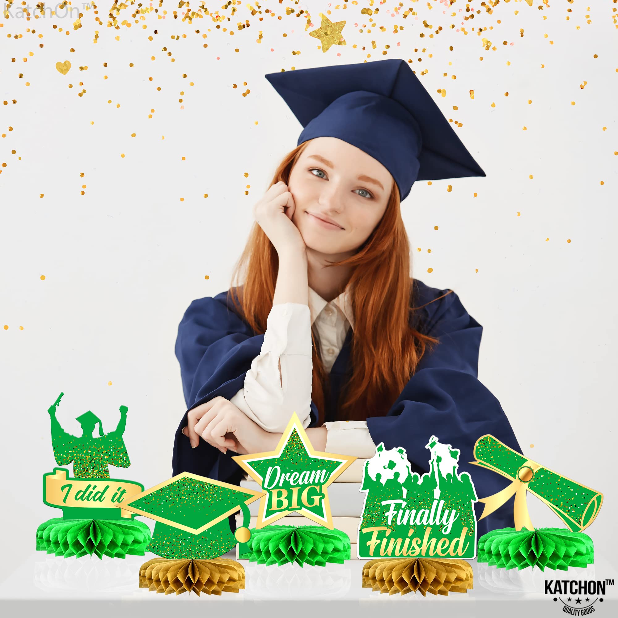 KatchOn Light Green & Gold Graduation Centerpieces for Tables 2025 - Pack of 9 Honeycomb Decorations | Congrats Grad Party Supplies | Perfect for Graduation Ceremonies, Banquets & Photo Backdrops