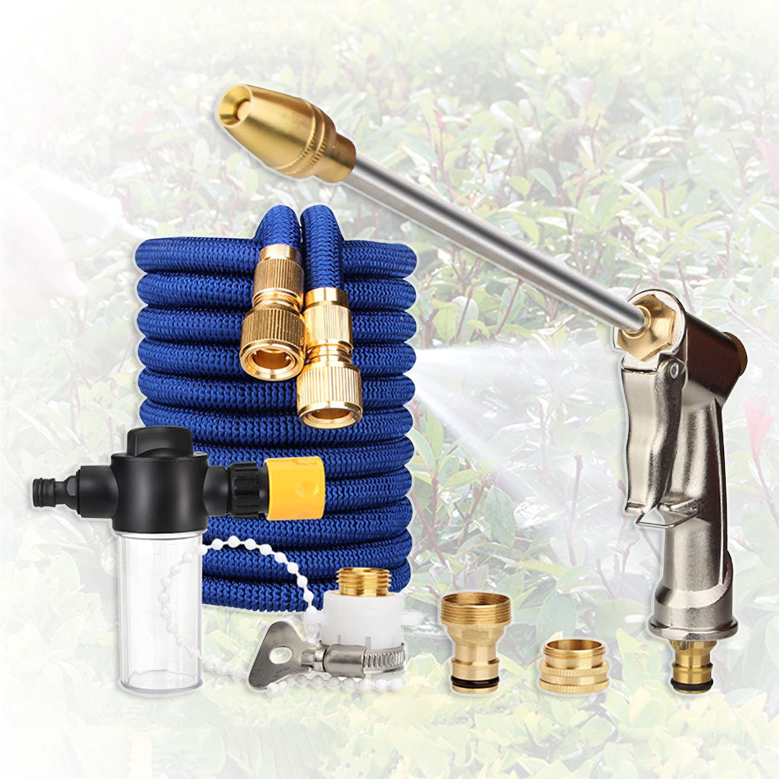 **Expandable Magic Garden Hose 50ft - 3X Telescopic, Multifunctional, Stepless Water Flow Adjustable with Foam Nozzle & Metal Adapter - Perfect for Home, Yard, Car Washing & Plant Watering**