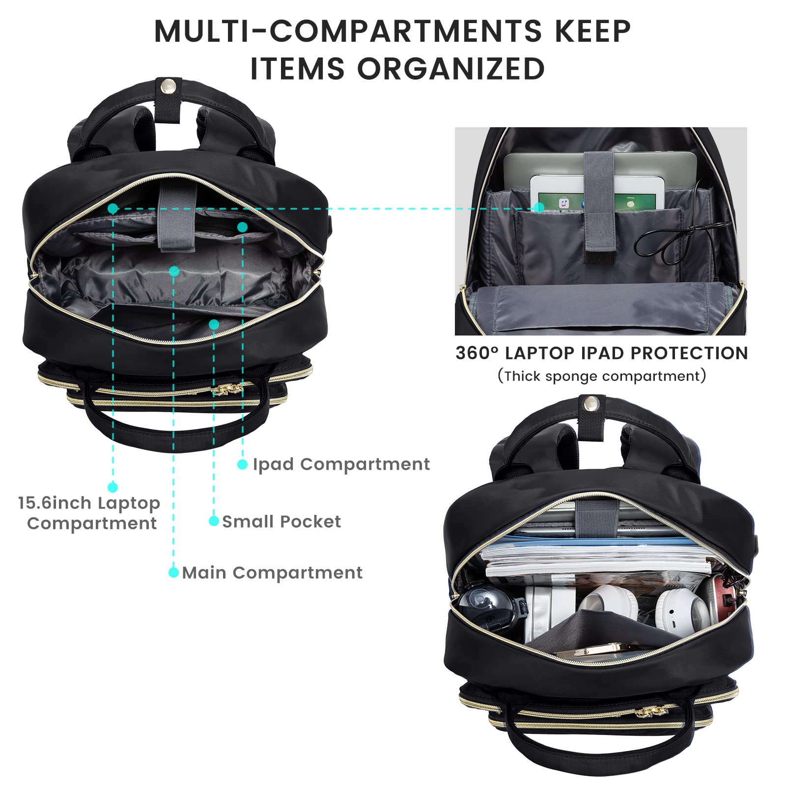 LOVEVOOK Women's 15.6 Inch Laptop Backpack with USB Charging Port - Waterproof Teacher & Work Backpack for Travel, Office & School - Stylish Black Daypack for Professionals & Students