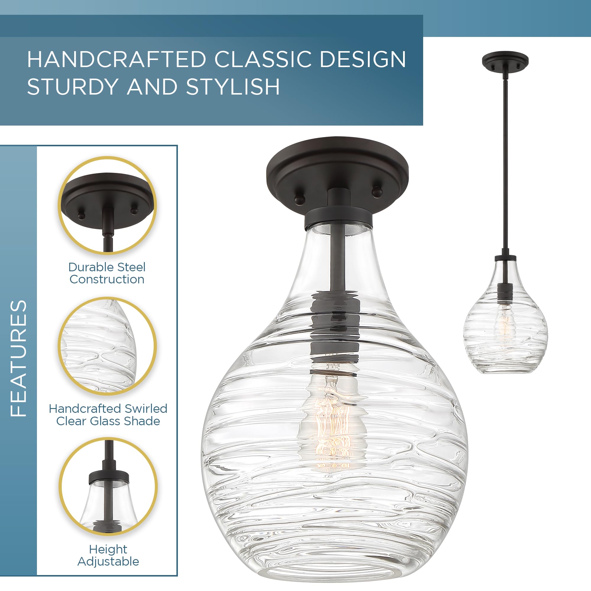 Quoizel Genie Mini Pendant Light - 9 Inch Old Bronze Globe Ceiling Fixture with Handmade Ripple Glass, 1-Light Hanging Lamp (Max Height 51
