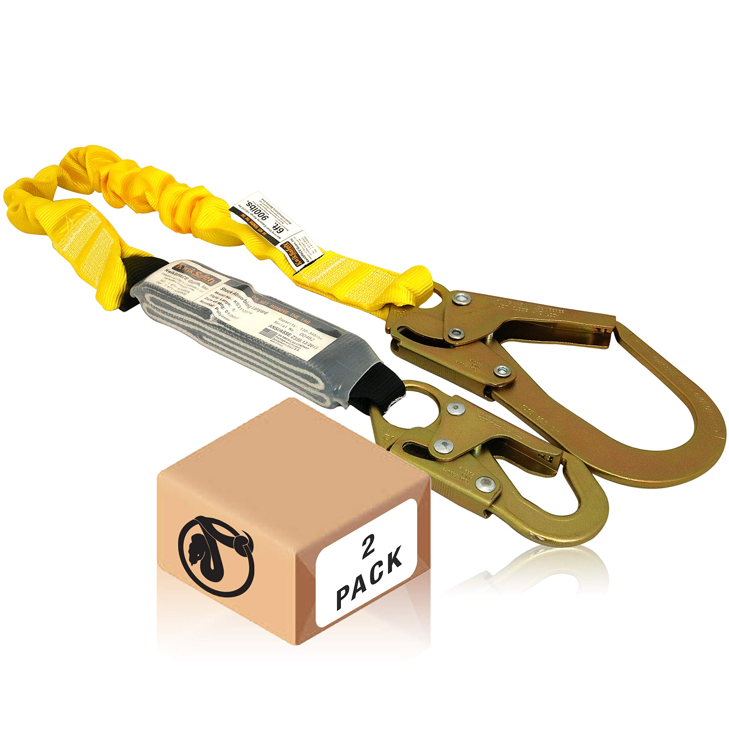 **KwikSafety 6ft Single Leg Safety Lanyard with Shock Absorber [2 Pack] - OSHA & ANSI Compliant Fall Protection for Construction, Roofing & Arborist Work - Includes Snap Hook & Rebar Connectors**    **Use Cases:** Ideal for construction workers, roofers, and arborists needing reliable fall protection while working at heights.