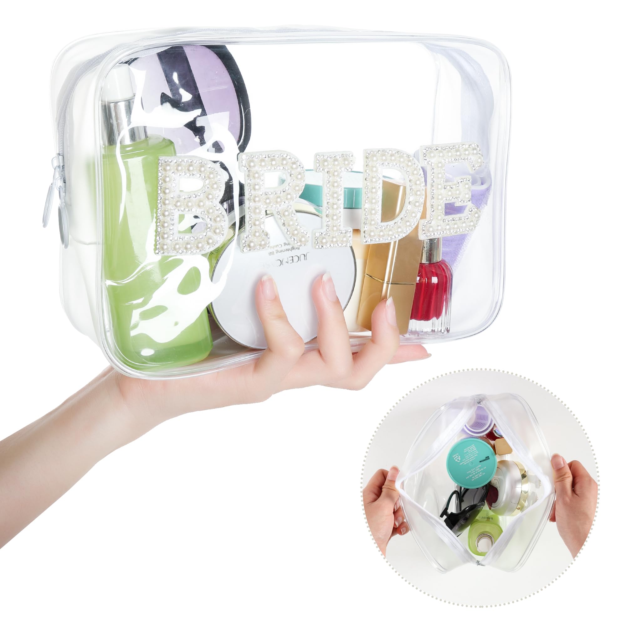 SUMERSHA Clear PVC Cosmetic Bag with Pearl Rhinestone Patch - Zippered Makeup Pouch for Brides | Perfect Bridal Shower Gift & Wedding Essential for Travel & Bachelorette Parties