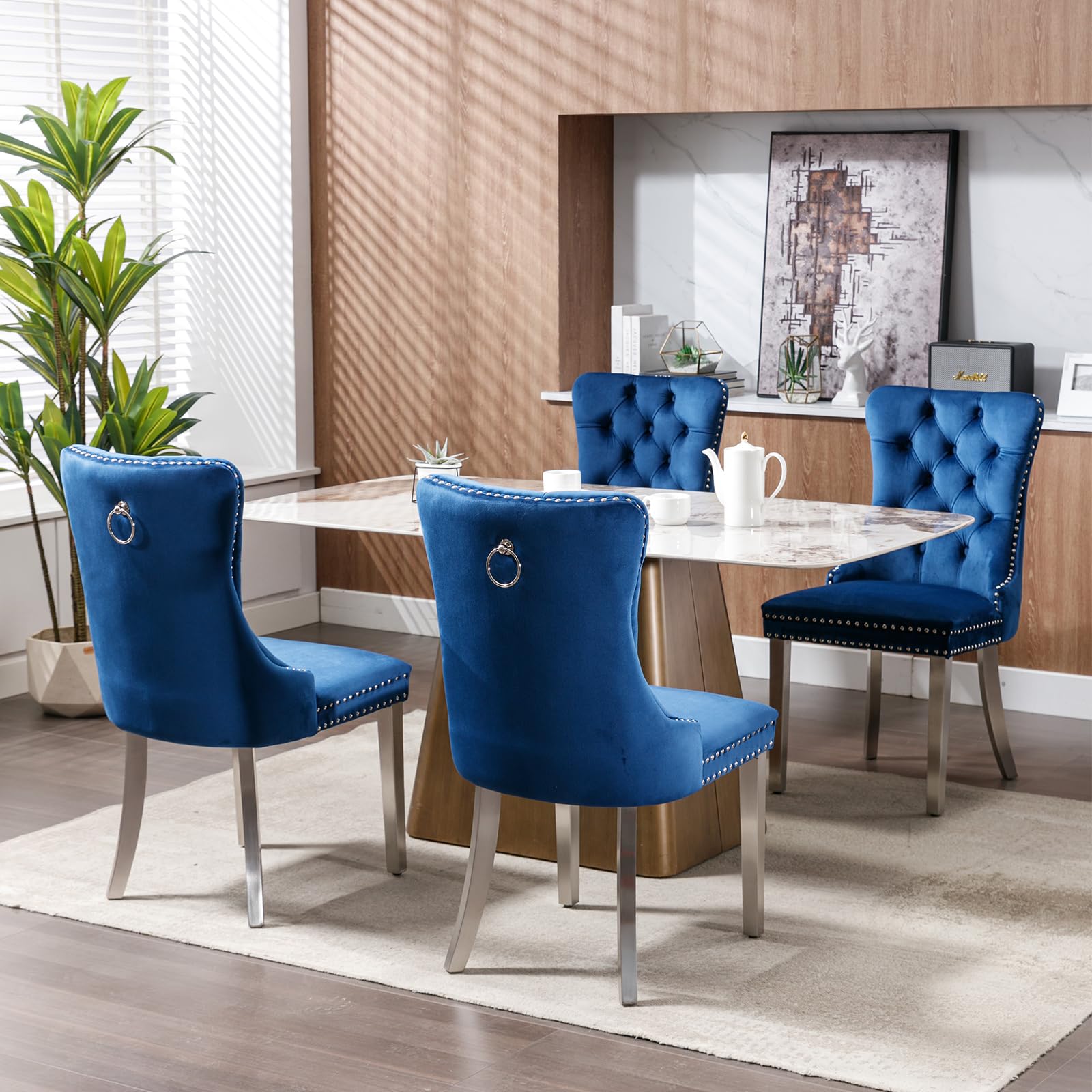 Luxury Blue Velvet Dining Chairs Set of 4 - Tufted Upholstered Kitchen & Dining Room Chairs with Chrome Metal Legs - Perfect for Modern Home, Restaurant, and Office Decor (Blue, 4 Pieces)