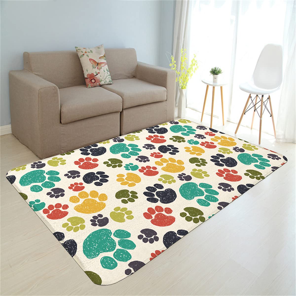 DUISE 3' x 5' Cartoon Dog Paw Print Non-Slip Area Rug - Soft Faux Wool Washable Throw Rug for Living Room, Bedroom & Laundry Room Decor | Perfect for Pet Lovers & Cozy Home Spaces