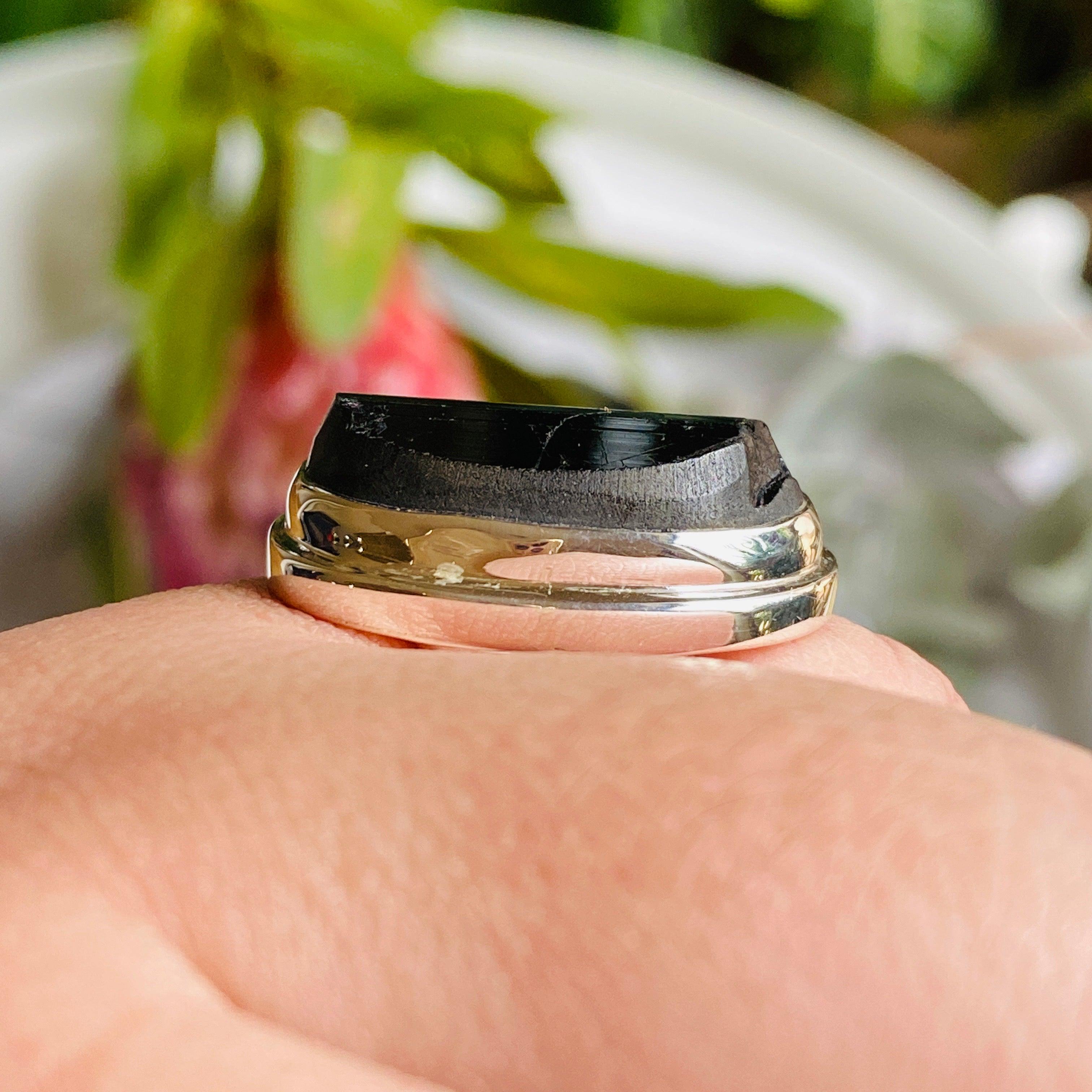 Natural Black Tourmaline Oval Raw Stone Ring - Size 11 (KRGJ2247) | Healing Crystal Jewelry for Protection & Grounding - Perfect for Meditation, Energy Work & Spiritual Gifts