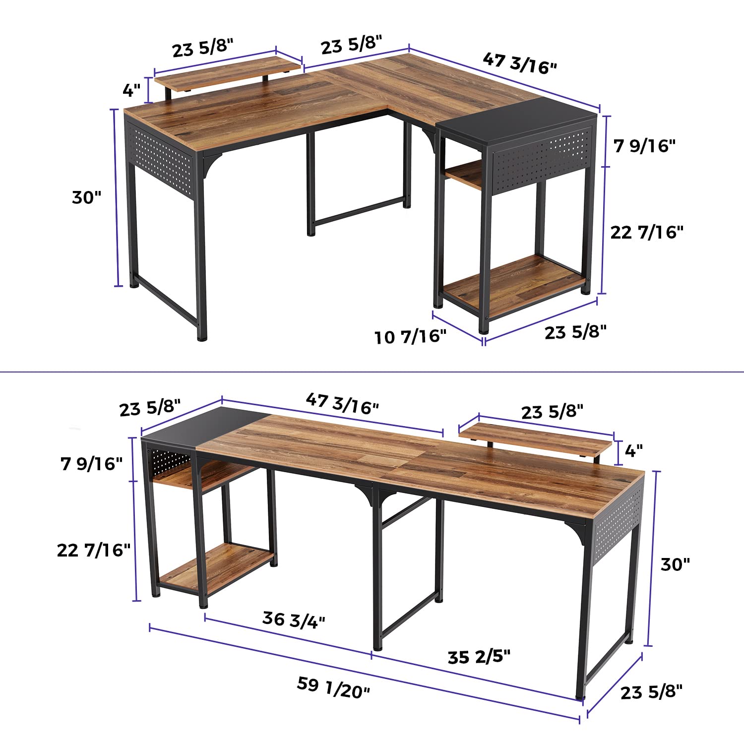 Reversible L-Shaped Desk with Monitor Stand - 58x47 Inch Corner Computer Desk, Study Writing Table with Storage Shelves for Home Office - Rustic Brown/Black - Perfect for Small Spaces & Gaming Setups