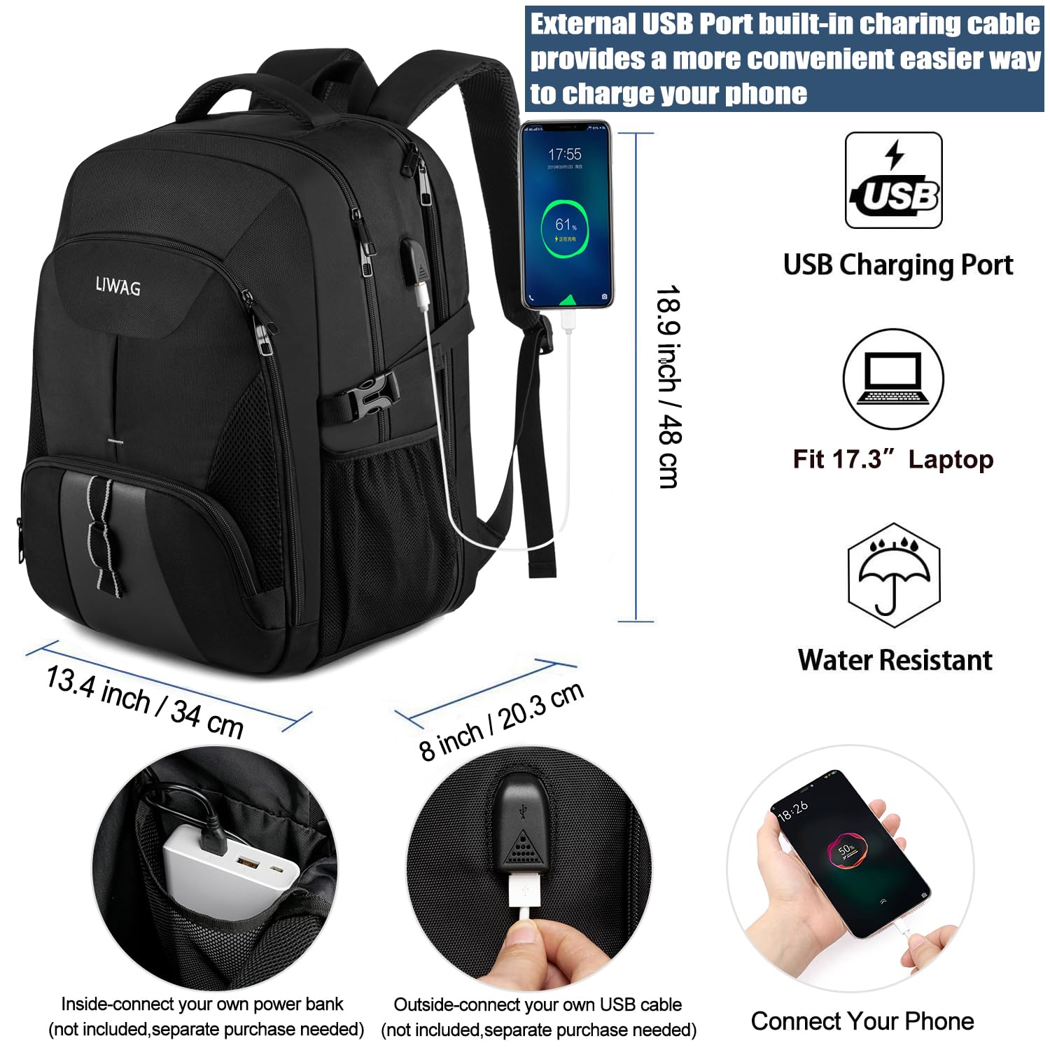 50L Large Travel Laptop Backpack with USB Charging Port - Water Resistant Anti-Theft Business Backpack for Men & Women - Fits 17 Inch Laptop - Perfect for Commuting, College, Business Trips & Outdoor Adventures (Black)