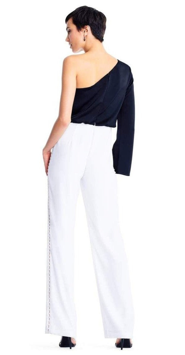 Aidan Mattox Women's Asymmetric Long Sleeve Jumpsuit - Black & Ivory | Elegant One-Piece Romper for Evening Parties, Date Nights & Special Occasions