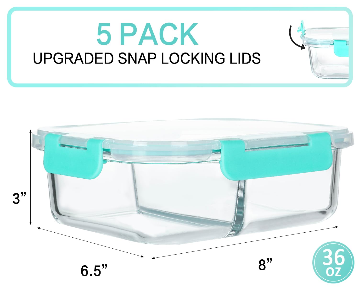 5-Pack 36 Oz Glass Meal Prep Containers with 2 Compartments & Locking Lids - BPA-Free Food Storage Containers for Portion Control - Microwave, Oven, Freezer & Dishwasher Safe (4.5 Cups, Green) - Perfect for Meal Prepping, Leftovers & Healthy Eating