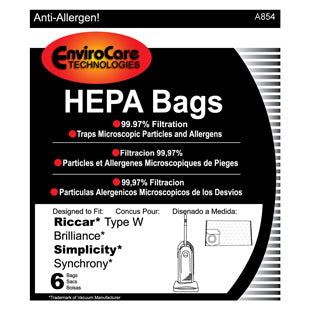 Riccar Brilliance W HEPA Vacuum Bags 6-Pack - Premium Replacement Bags for Riccar Vacuums, Superior Dust & Allergen Filtration for Cleaner Home Air - Perfect for Allergy Sufferers & Pet Owners