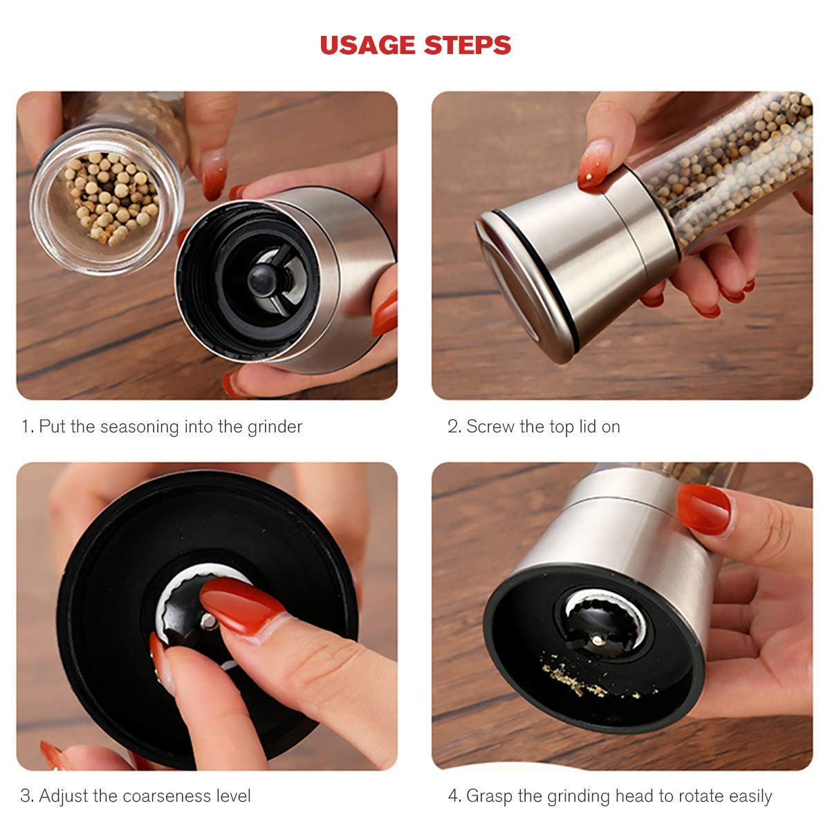 Premium Stainless Steel Salt and Pepper Grinder Set - Adjustable Coarseness with 5 Grinding Levels - Kitchen Spice Mill for Freshly Ground Seasoning - Perfect for Cooking, Baking, and Tabletop Use