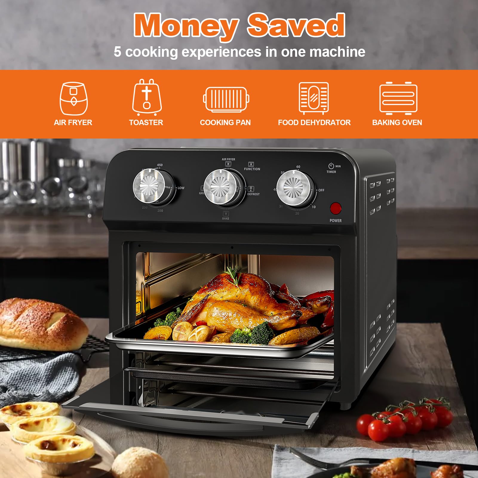 PlumChef 13 Quart 4-Slice Air Fryer Toaster Oven - 1500W 7-in-1 Multifunction Countertop Appliance for Roasting, Baking, Grilling, Broiling, Toasting, Dehydrating & Defrosting (Dark Black) - Perfect for Small Kitchens, Dorms & Quick Healthy Meals