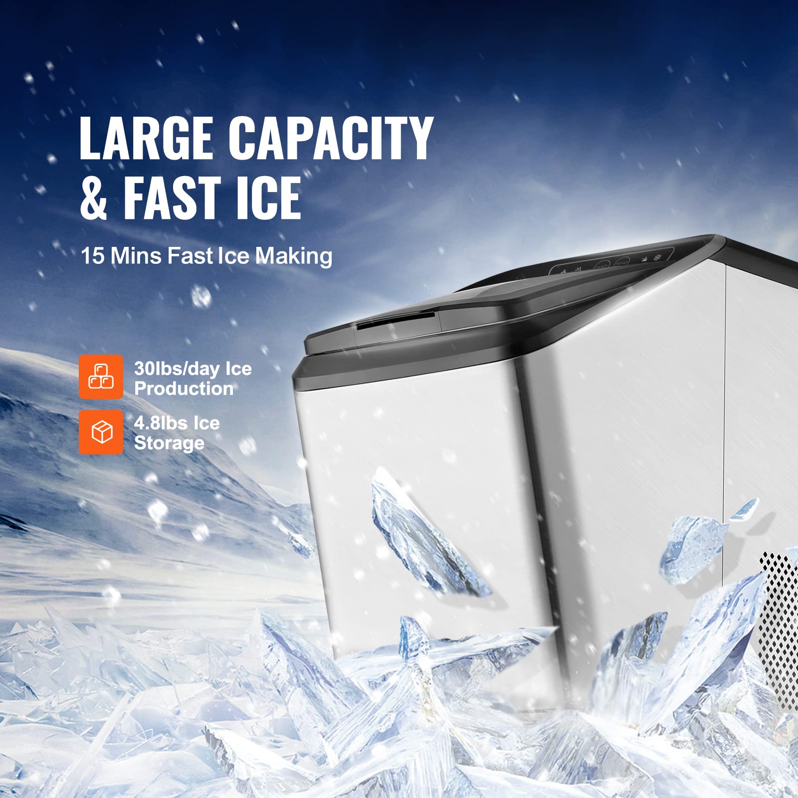 VEVOR 30lbs/24H Nugget Ice Maker with Self-Cleaning - Stainless Steel Chewable Pebble Ice Machine with Ice Scoop & Basket, Dual Water Refill - Perfect for Home, Office, Bars, Restaurants, and Parties